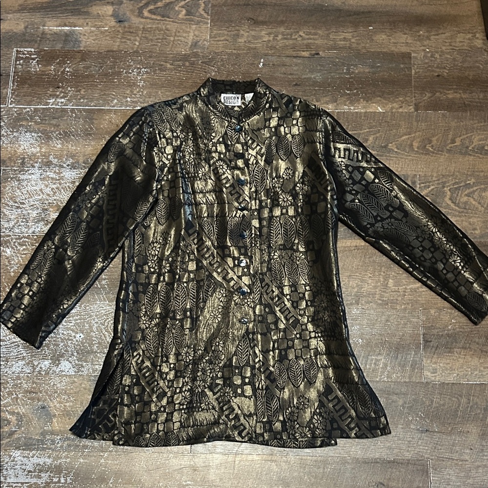 Vintage‎ 90’s Chico's Black and Metallic Gold Button-Up Tunic Size 0 Leaves